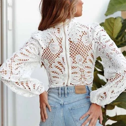 Sexy blusa de renda de manga comprida mulheres tops casual crochet branco oco out cropped camisa das mulheres de gola alta feminina blusas 16296