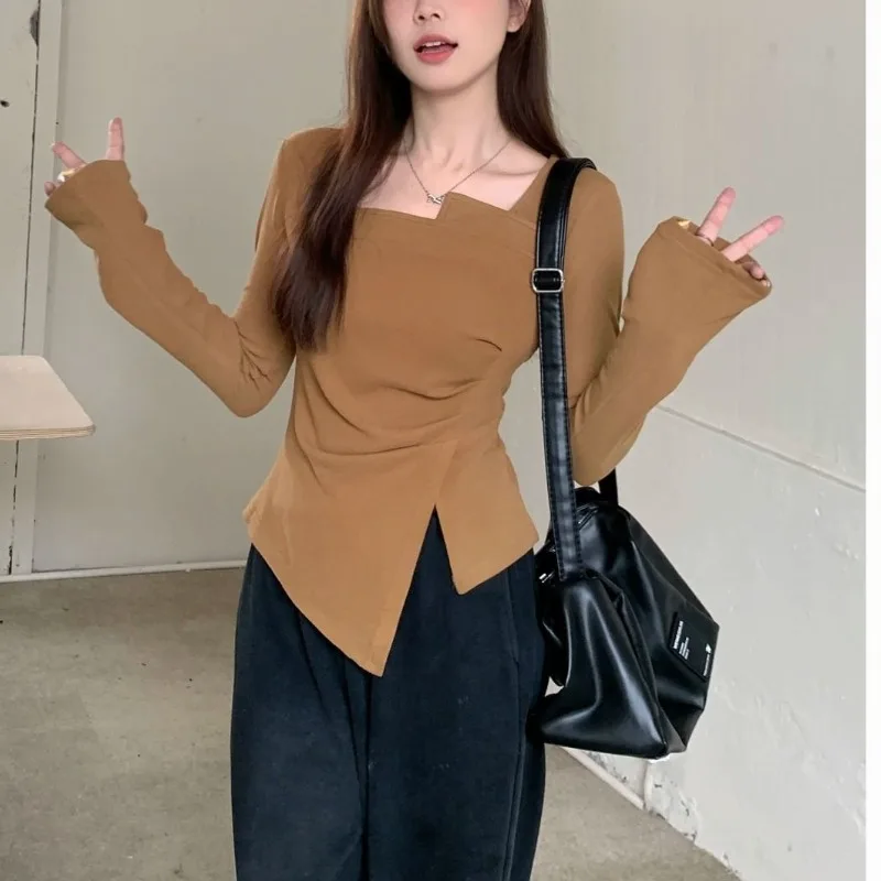 Women\'s Spring Autumn Fashionable Elegant One Shoulder Long Sleeve Pullover Bottom Shirt Casual Versatile Western Commuter Tops