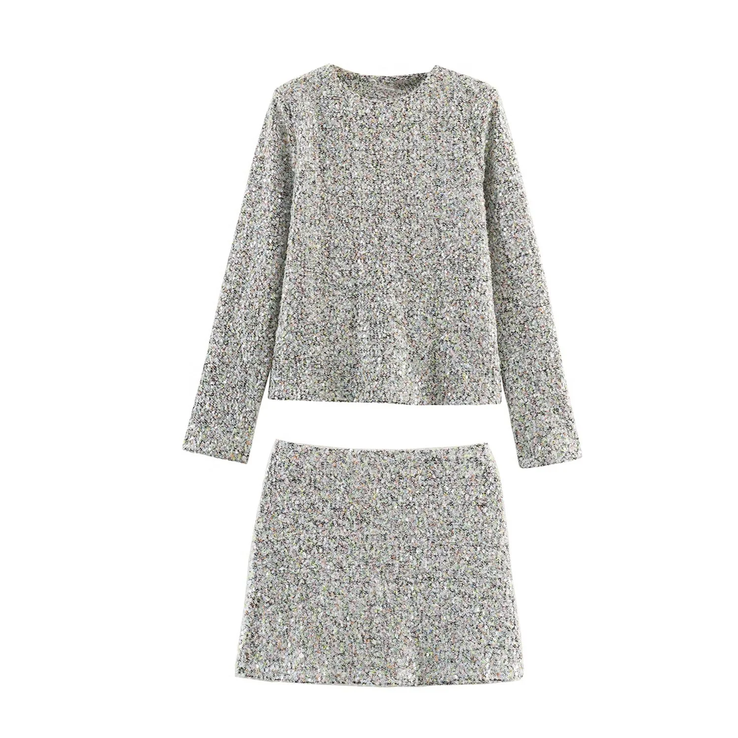 ملابس نسائية جديدة لخريف 2025 موضة غير رسمية مزاجية بسيطة مزخرفة بالخرز وأكمام طويلة + تنورة قصيرة عالية الخصر