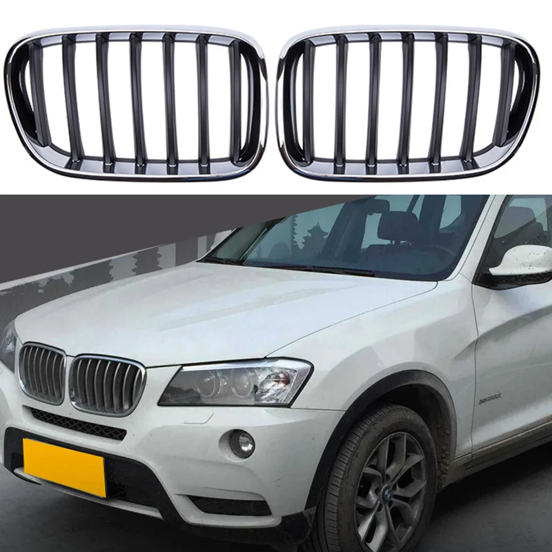 

1 Pair Car Front Kidney Grilles Silver Frame Black Single Line Replacement For BMW X3 F25 11-13 Automobile External Accessories