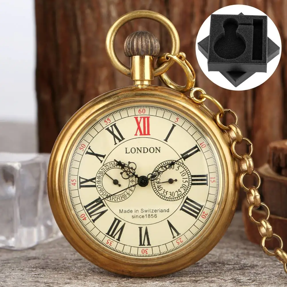 

Винтажные латунные механические карманные часы с римскими цифрами, дизайн с 5 указателями, брелок-цепочка, подвесные часы для мужчин и женщин, подарок