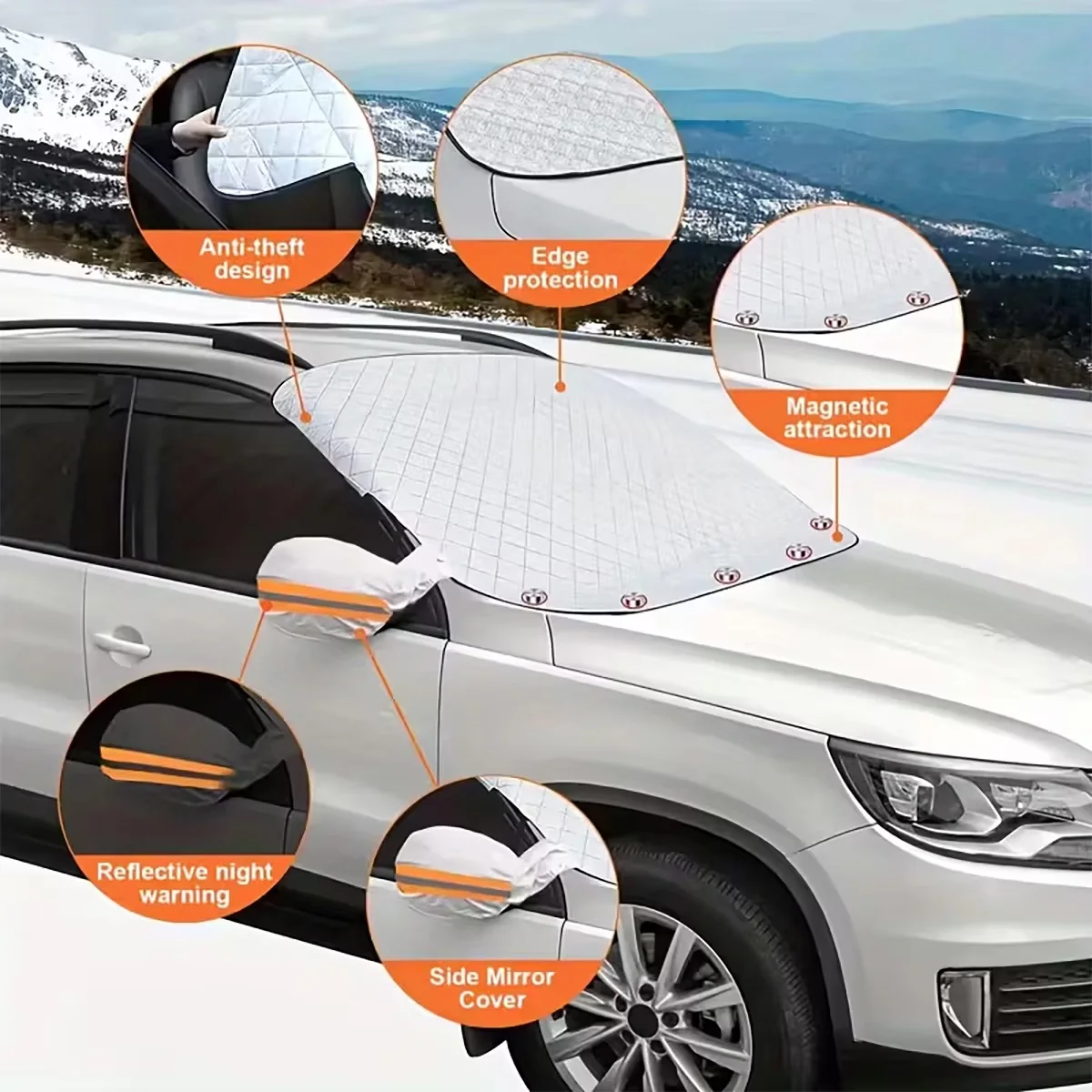 Heavy-duty vehicle windshield snow cover with 9 magnetic fasteners - UV and sun protection, suitable for most vehicles.