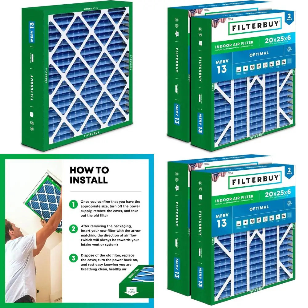 

20x25x6 MERV 13 Air Filter, 2-Pack, Ideal for Smoke and Allergy Relief, Compatible with HVAC Systems