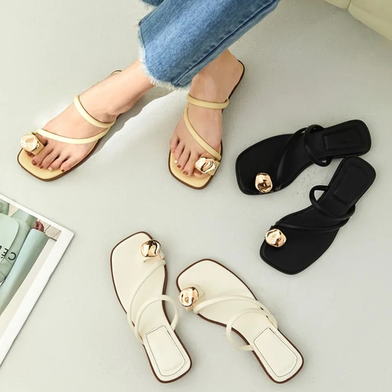 Black Women Slippers 2024 Summer Beach Slides Casual Flip Flops Ladies Chunky Low Heel Gladiator Sandals Leather Zapatos Mujer