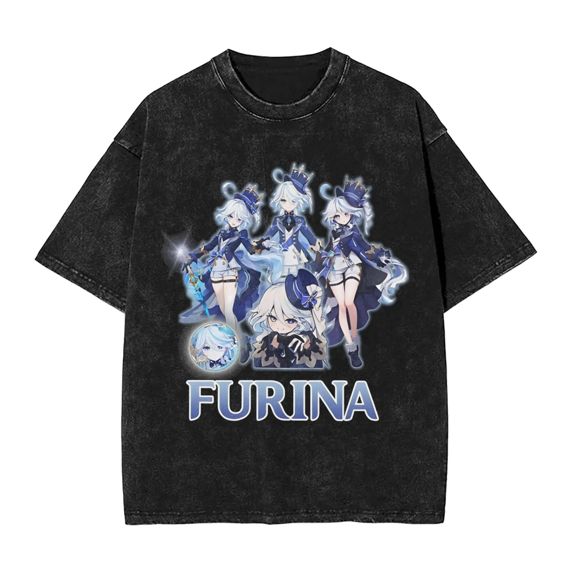 Furina Washed T Shirts Streetwear Hip Hop Vintage T-Shirt Genshin Impact Game Tees Tops Men Women Short Sleeve Oversize Graphic