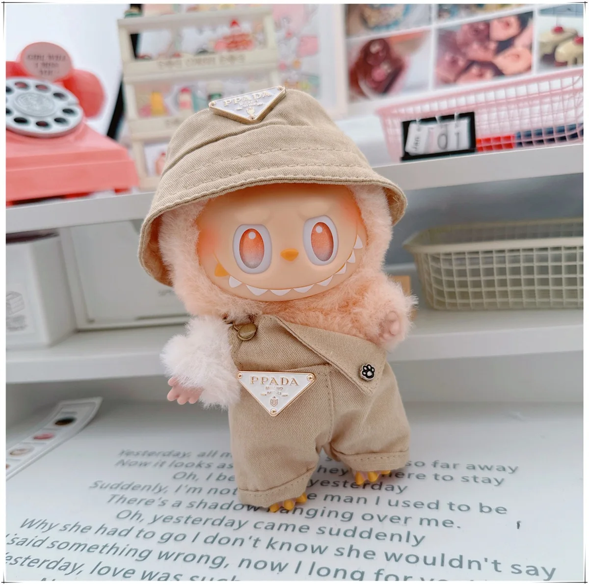 15/17 センチメートル LabubuMini 人形服漁師帽子オーバーオール高級セット Labubu 3.0 服デザイナー衣装 DIY 人形アクセサリー