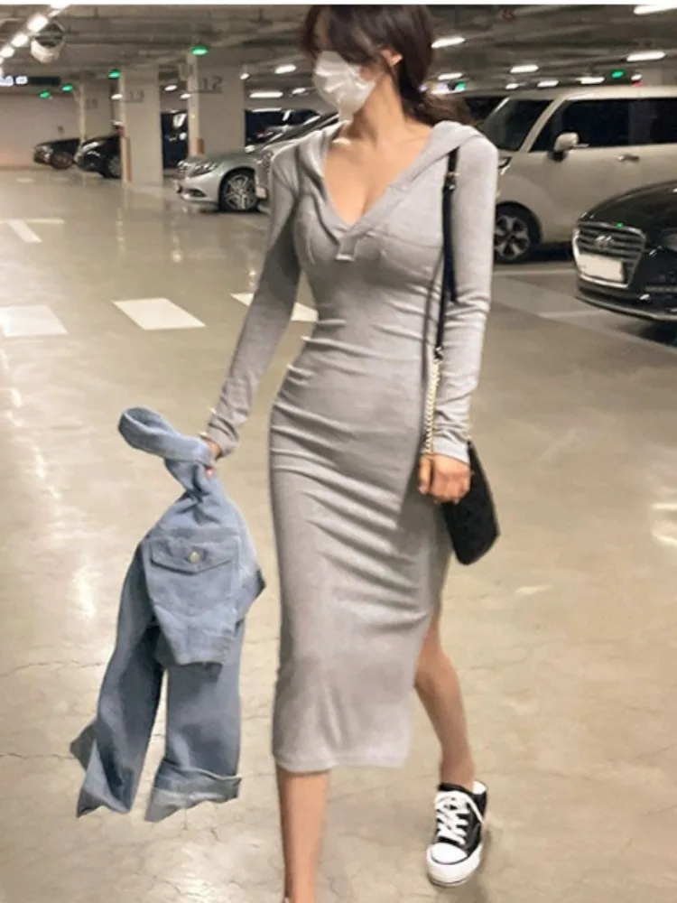 

Sexy Hooded Split Bodycon Sweatirt Dr Women's Early Spring New Slim Fit Versatile Butt Skirt Long Dr Korean Sle