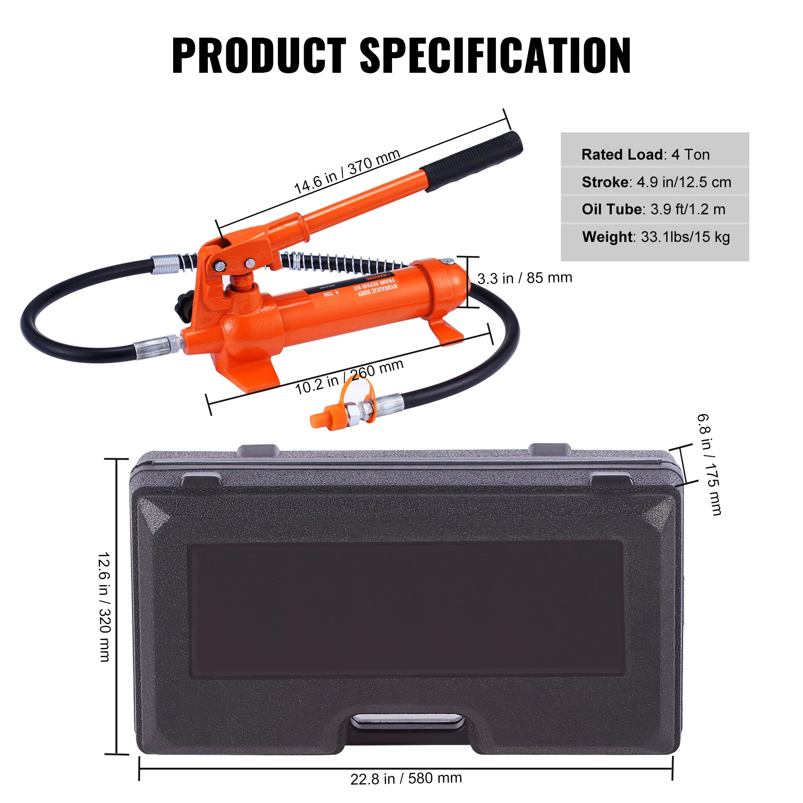 SucceBuy 4-ton porta power kit, draagbare hydraulische krik met 3,9 ft/1,2 m olieslang, auto carrosserieframe reparatieset, voor autoreparatie