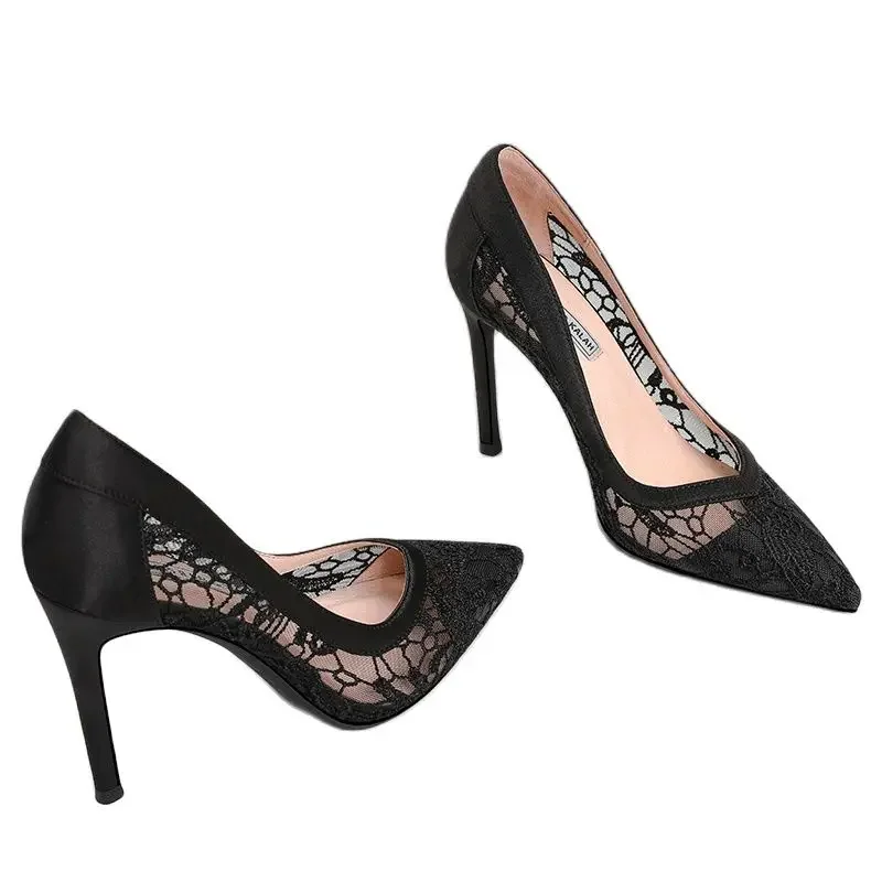 Size 31-44  3/6/8/10cm High Heels Lace Thin Heel Large Size Women Shoes Bride Pumps Ladies Wedding Shoes Pointed