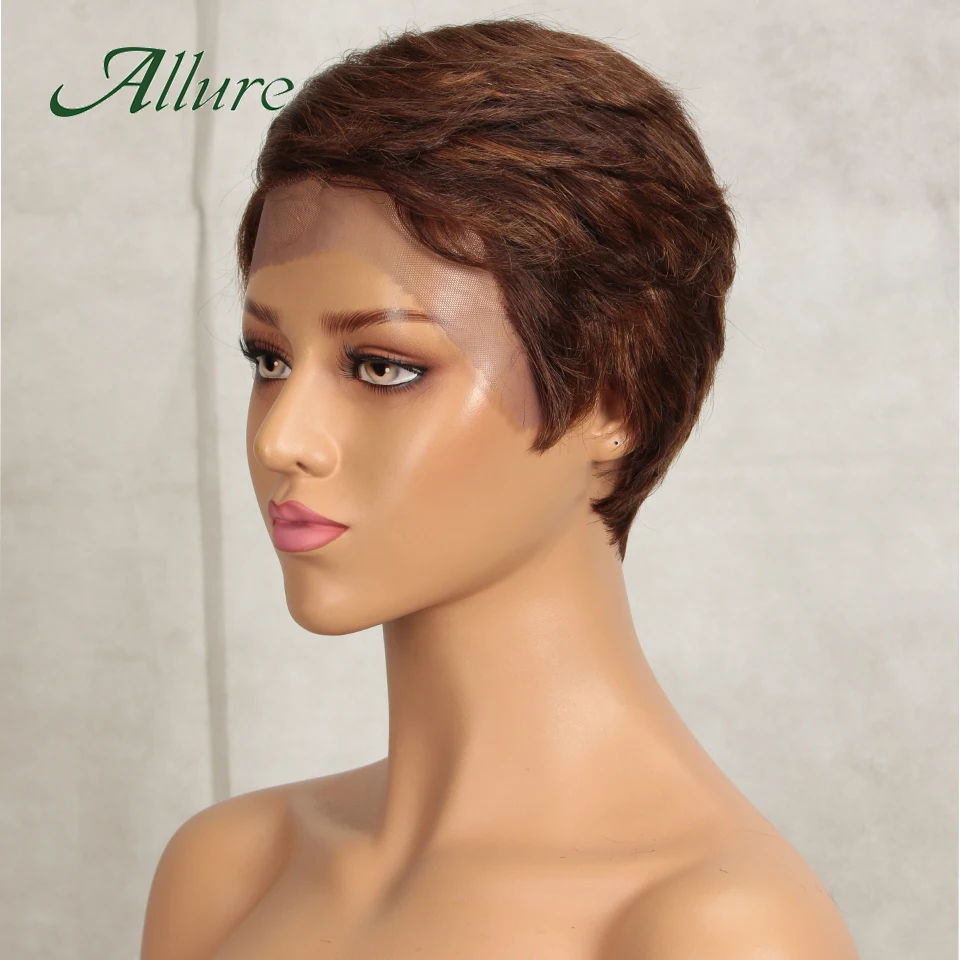 Brazilian Short Pixie Cut Hair Wig 13X6x1 Part Lace Front Human Hair Wigs For Women 8 inch Honey Brown Colored Bob Wigs Allure