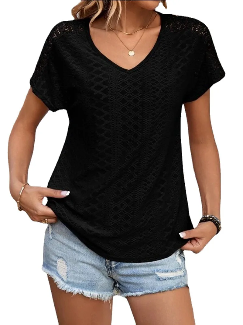 Blusa informal De manga corta con cuello en V para Mujer, con agujeros Camisa lisa, elegante, a la moda, novedad De verano, 2023