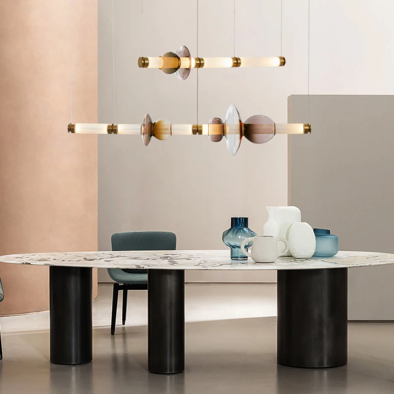 Nordic Designer Long Strip Colored Glass LED Modern Chandelier Restaurant Bar Living Room Study Kitchen Indoor Home Decoration