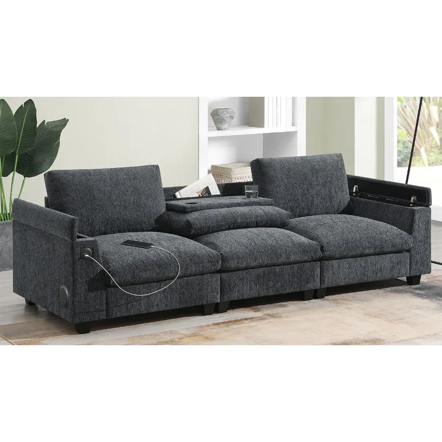 Sofá seccional de chenilla de 9635 pulgadas con Altavoz Bluetooth, cómodo juego de sofás en la nube con portavasos de mesa abatible, almacenamiento con cargador USB