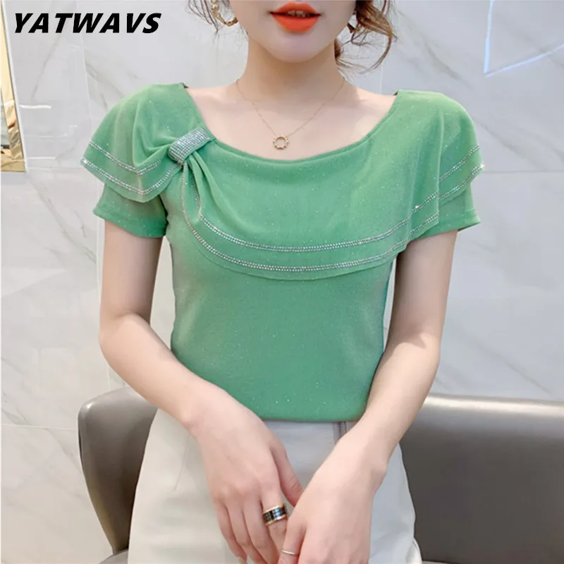 

2024 New Summer European Clothes Mesh T-Shirt Chic Sexy Ruffles Shiny Diamodns Women Tops Classic Girl Short Sleeve Elastic Tees