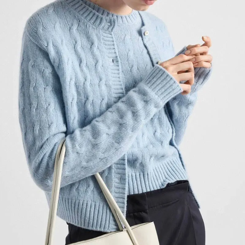 High Quality Women's Light Blue Fried Dough Twists Knitting Pullover Designer Short Sleeve Round Collar Soft Cashmere Sweater 24