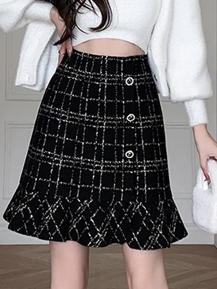 SMTHMA Small Fragrance Plaid Print Knit Short Skirt Women's Autumn Winter Elastic High Waist Mermaid Skirt