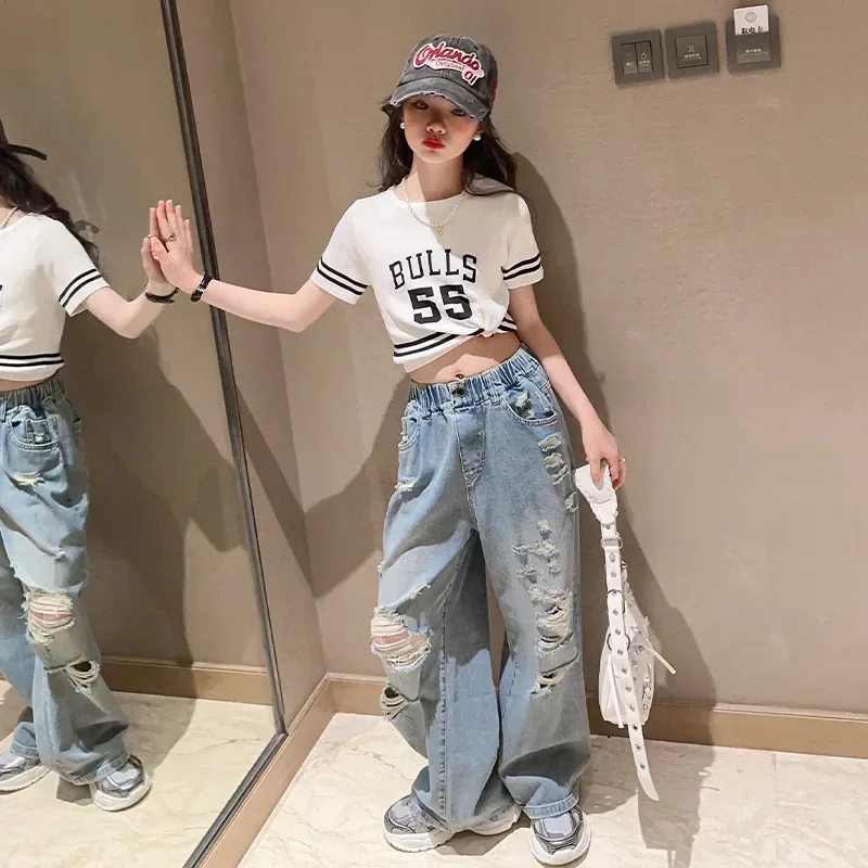 Girls' Summer Jeans  New Casual Western Style Children's Summer Clothing Medium and Big Children Ripped Wide-Leg Pants Wholesale