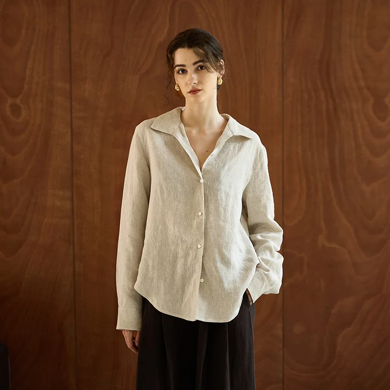 Camicie da donna vintage 100% lino manica lunga abbottonata colletto rovesciato High Street Fashion camicetta casual allentata da ufficio Lady Chic