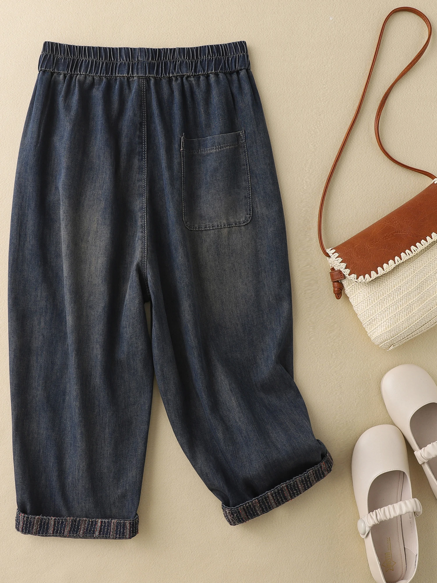 

Cotton Distred Wa Denim Seven-quarter Pants Women's Summer Thin Loose Versatile Retro Large Size Harlan Carrot Trousers