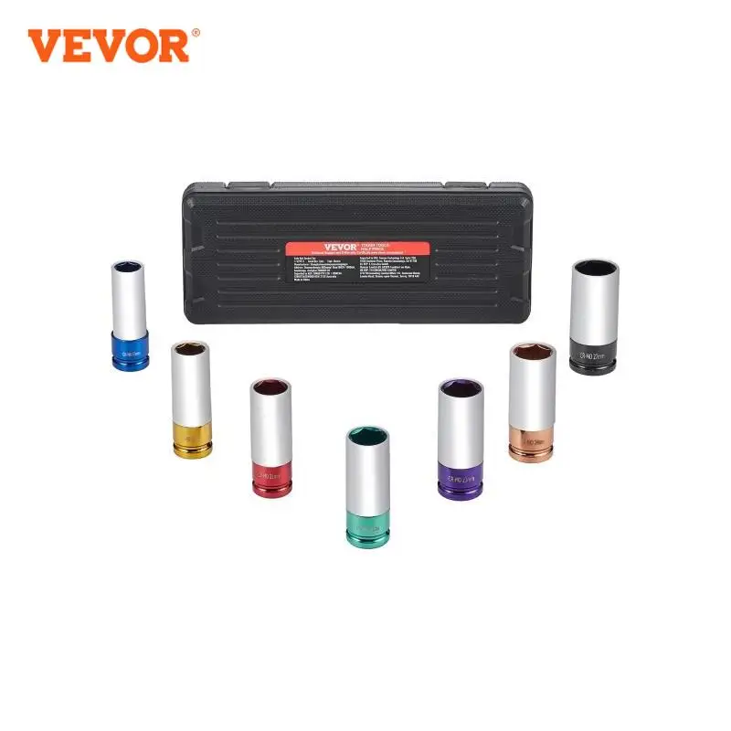 VEVOR Lug Nut Impact Socket Set 1/2 inch Drive Metric 6-Point Deep Socket Set 7 Total Lug Nut Sizes CR-MO Steel Wheel Socket Set