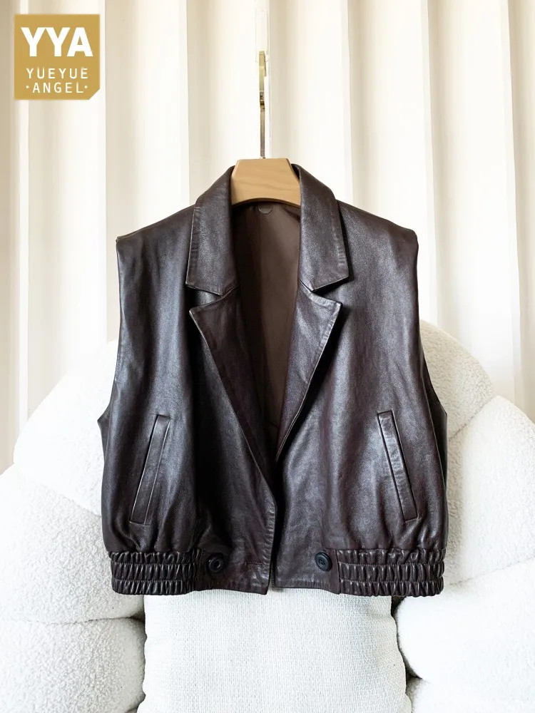 Women Genuine Leather Vest Fashion Notched Collar Solid Color Sleeveless Suit Jacket Short Real Sheepskin Casual Tank Top Vests