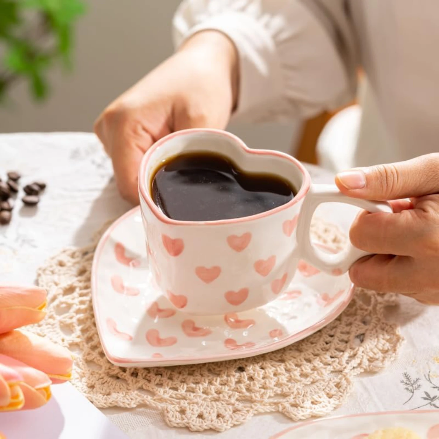 Fresh Hand-Painted Cute Pink Heart Coffee Cup, Peach-shaped Ceramic Cup Saucer Set, Lovely Girl Water Bottle - Red Color, Coffee