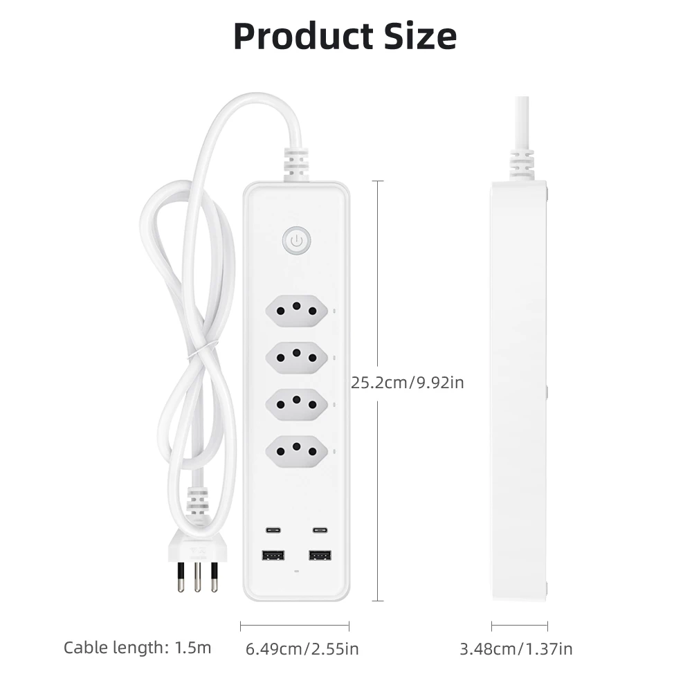 AVATTO Tuya Brazil WiFi Smart Power Strip 4 Plug with 2 USB 2 Type-C,Smart Life APP Remote Control Work for Alexa Google Home