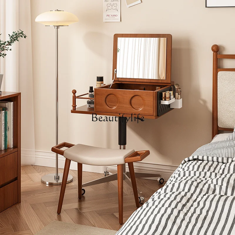 

GG8Antique Style Solid Wood Mini Dressing Table Small Apartment Bedroom Movable Flip Makeup Table