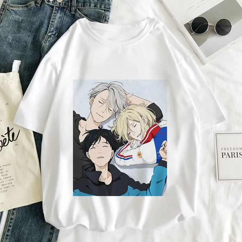 Camiseta de anime YURI on ICE para mujer, de algodón, con estampado gráfico, manga corta, cuello redondo, estilo vintage, ropa de calle de verano, en oferta.
