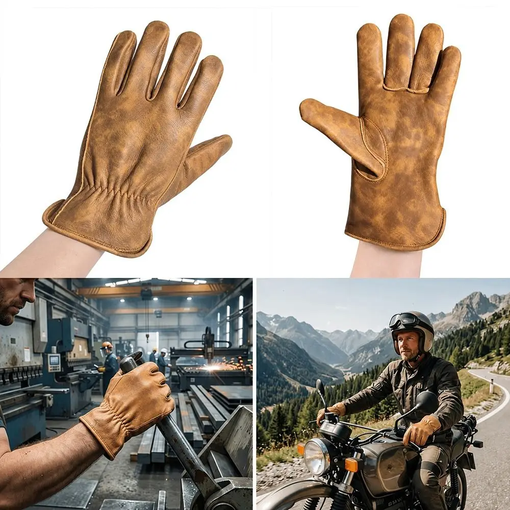 1 pair Premium Cowhide Motorcycle Gloves Brown Color Vintage Tie-Dye Leather Gloves Heavy-Duty Safety Gloves Outdoor Biker