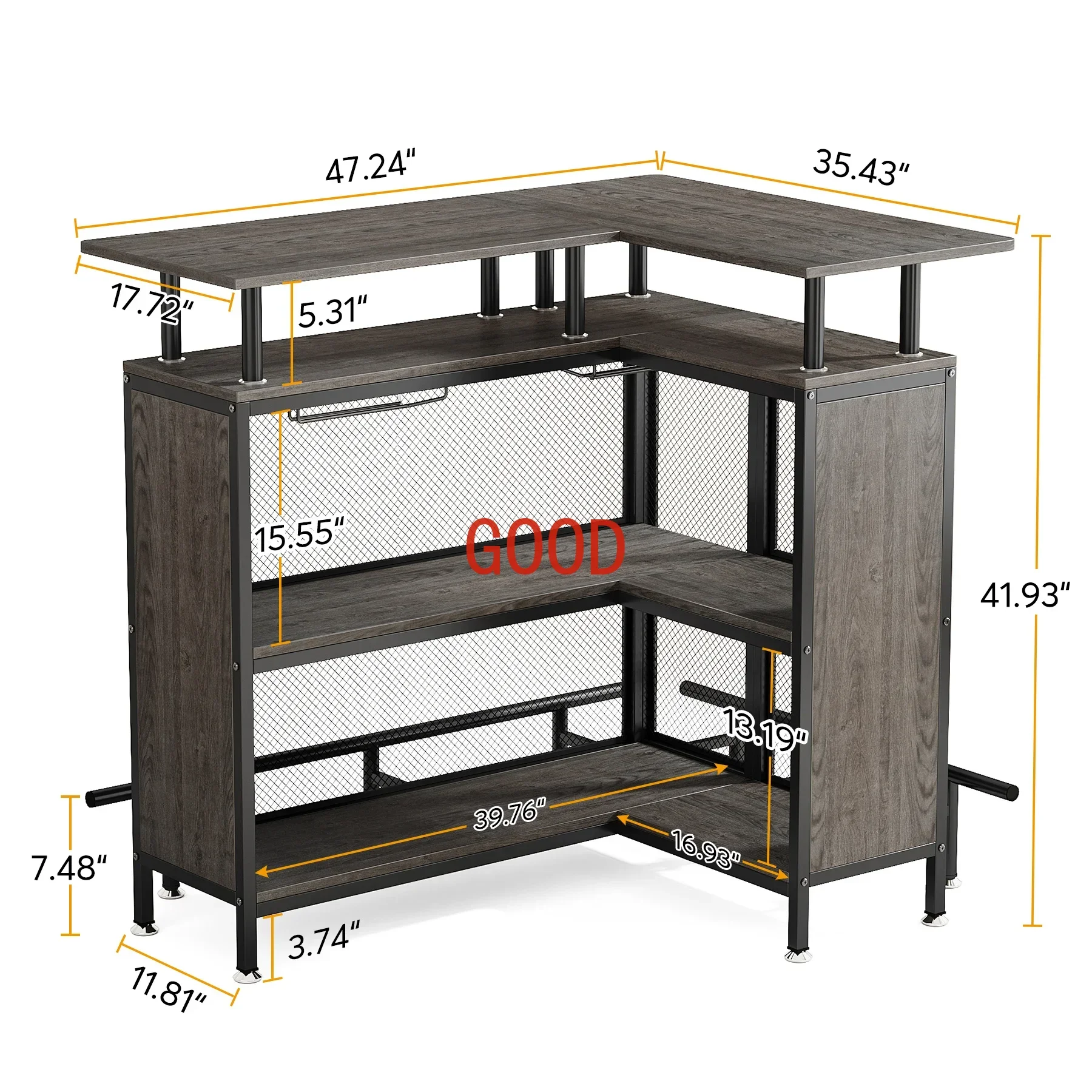 وحدة بار Tribesigns Home Bar، طاولة بار على شكل حرف L مع رفوف ستيمواري وأرفف من طبقتين، خزانة مشروبات القهوة الصغيرة الزاوية