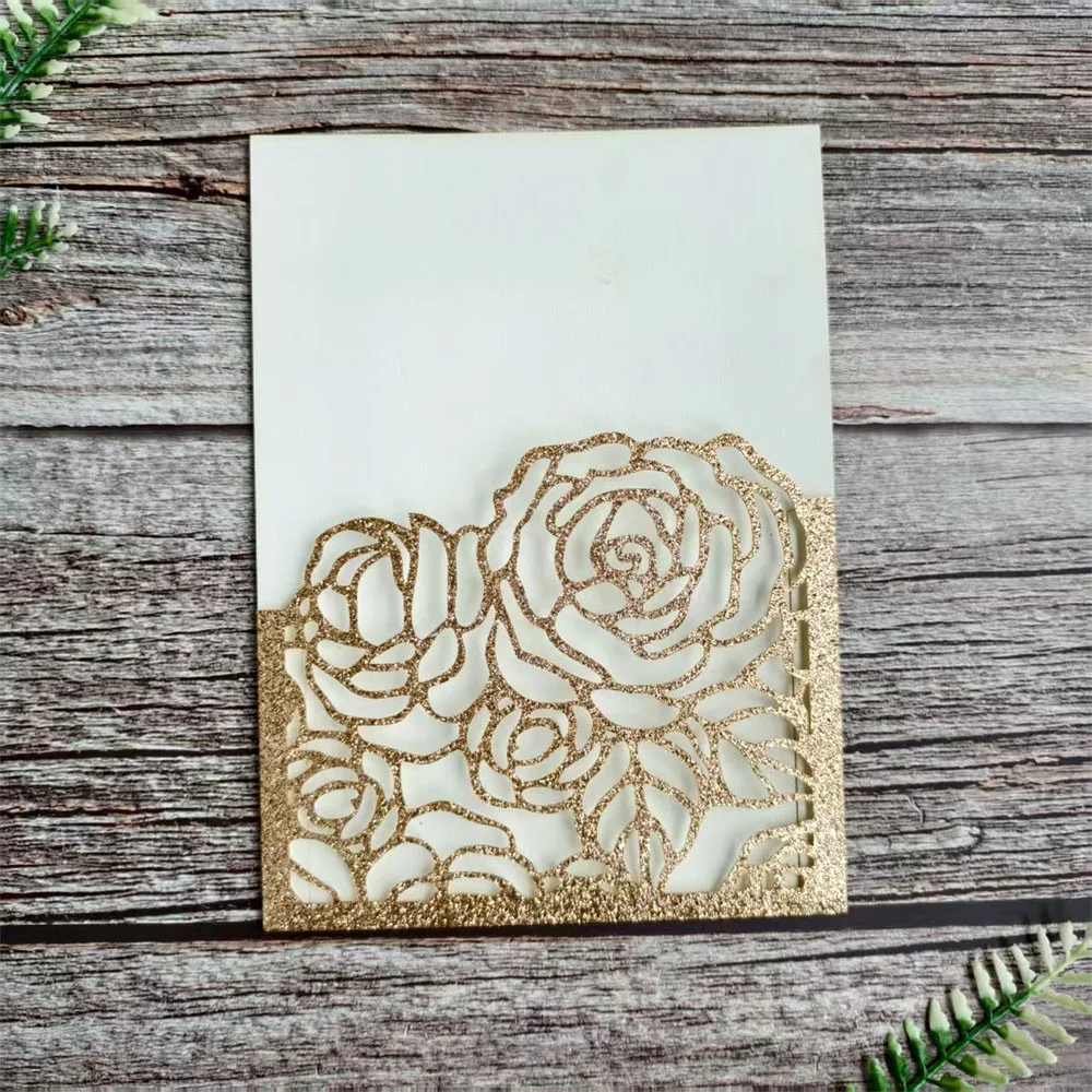 

Rose Wedding Invitation Pocket Envelop, Laser Cut Card, Customized Design, Holiday Greeting Cards, 50 Sets