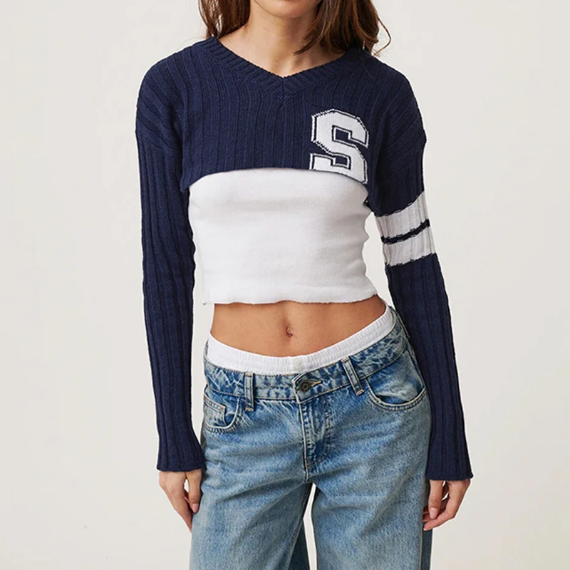 Darlingaga Streetwear Letter Stripe Knitted Sweater Female Spring Autumn Crop Tops Pullover Super Shorts Harajuku Smock Jumpers