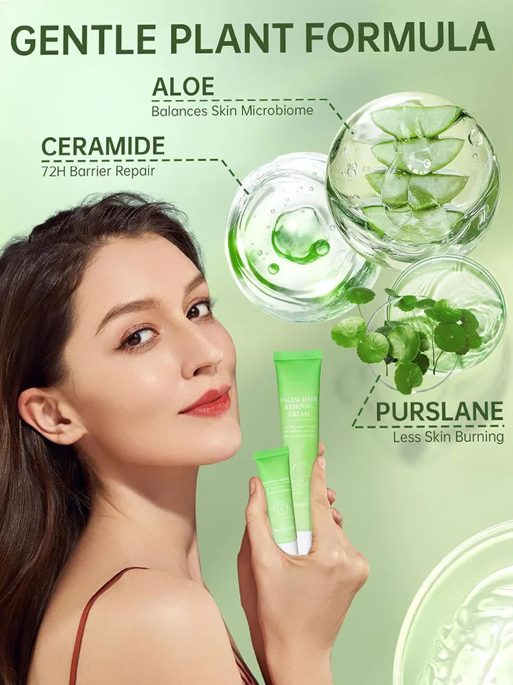 New Painless Facial Hair Removal Cream Women Sensitive Skin 2-in-1 Kit with Soothing Cream Upper Lip Chin Hair Remover For Home