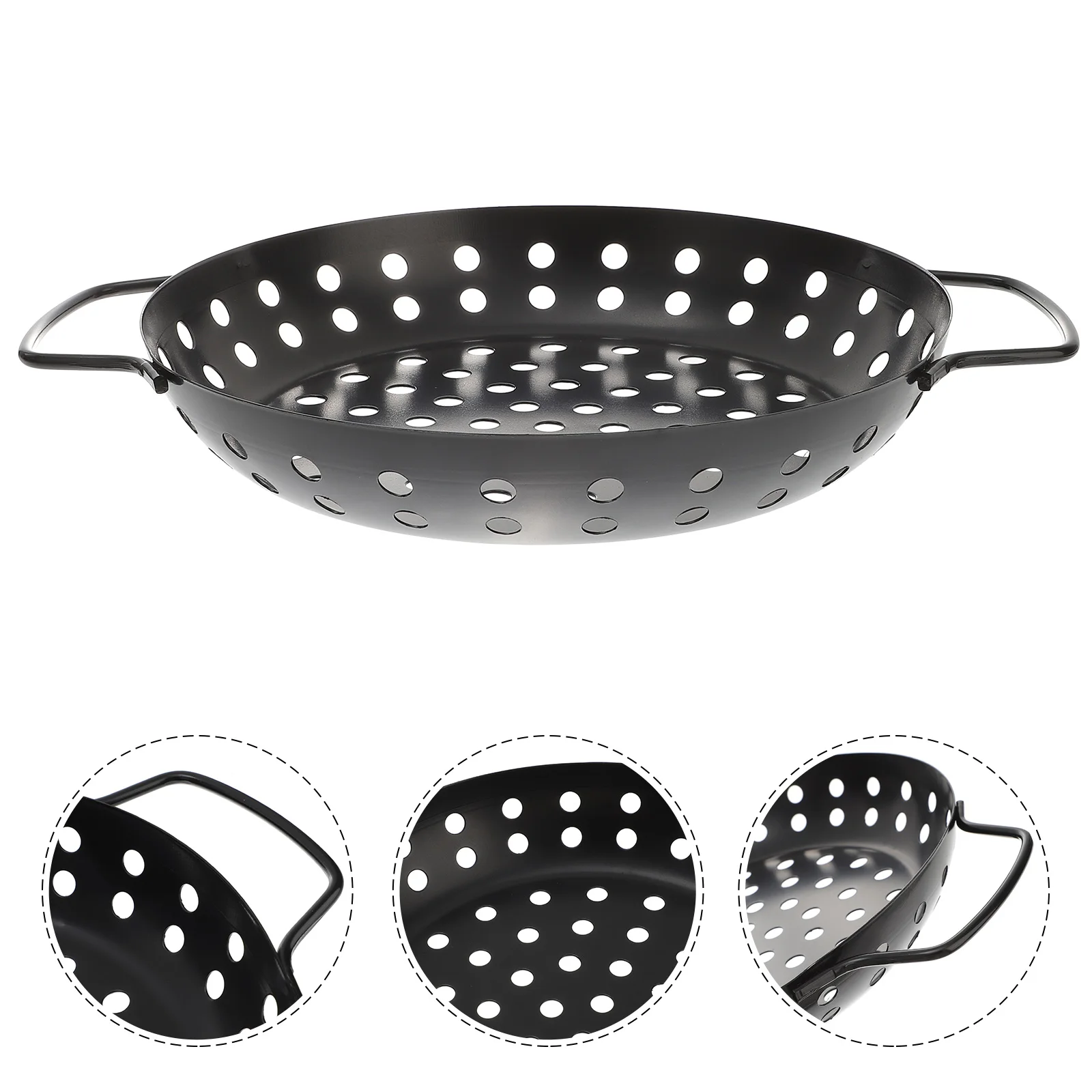 

Sturdy Round Barbecue Pan Large Hole Carbon Steel Grilling Plate Outdoor Home Camping Use Double Handles Heat Resistant Frying
