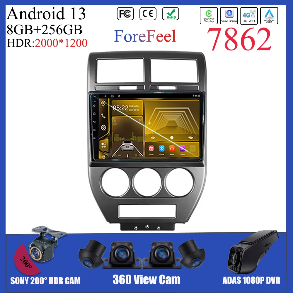 Android 13 For Jeep Compass 1 MK 2006 2007- 2010 Car  Multimedia Carplay Wireless Radio Video Player Touch DVD BT WIFI QLED 5G