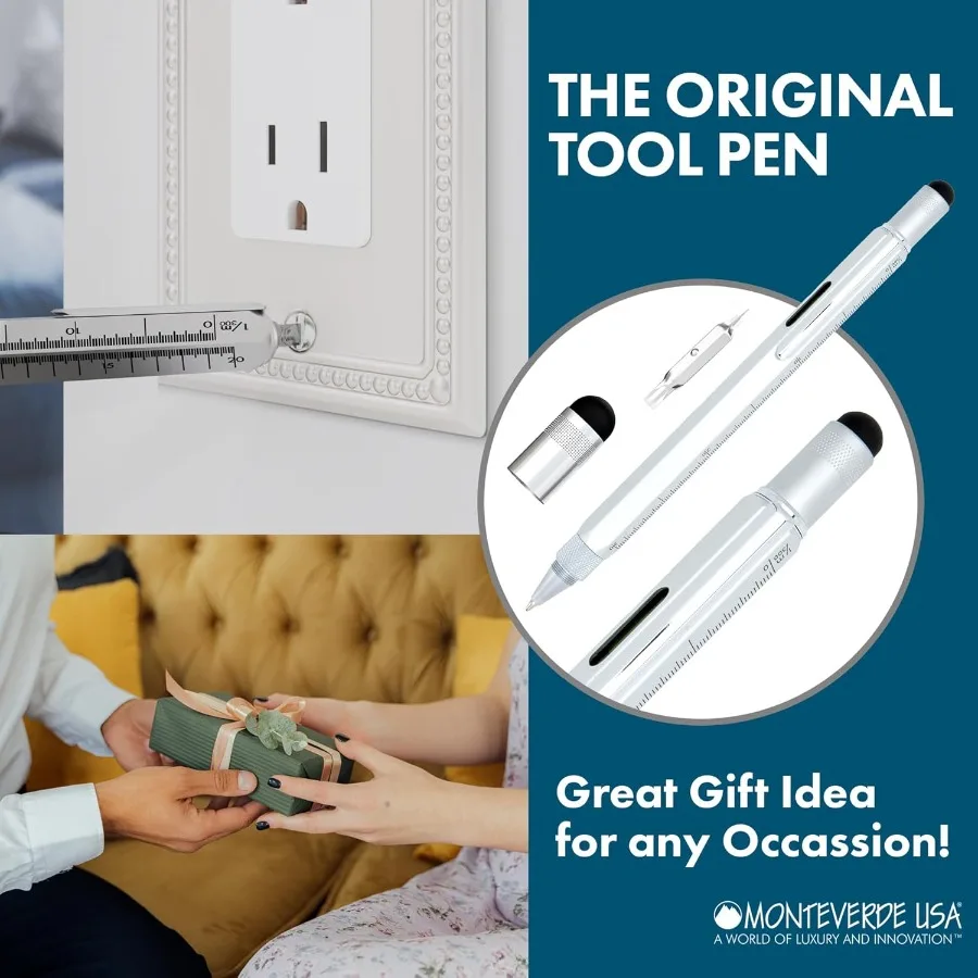 قلم حبر جاف Monteverde USA 9-in-1 باللون الفضي متعدد الوظائف مع مستوى مفكات براغي ومسطرة مثالية لـ DIY P #6