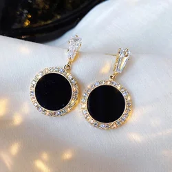 Korean Version of Hot New Black Round Rhinestone Earrings Fashion Simple and Versatile Temperament Female Wedding Earrings Jewel
