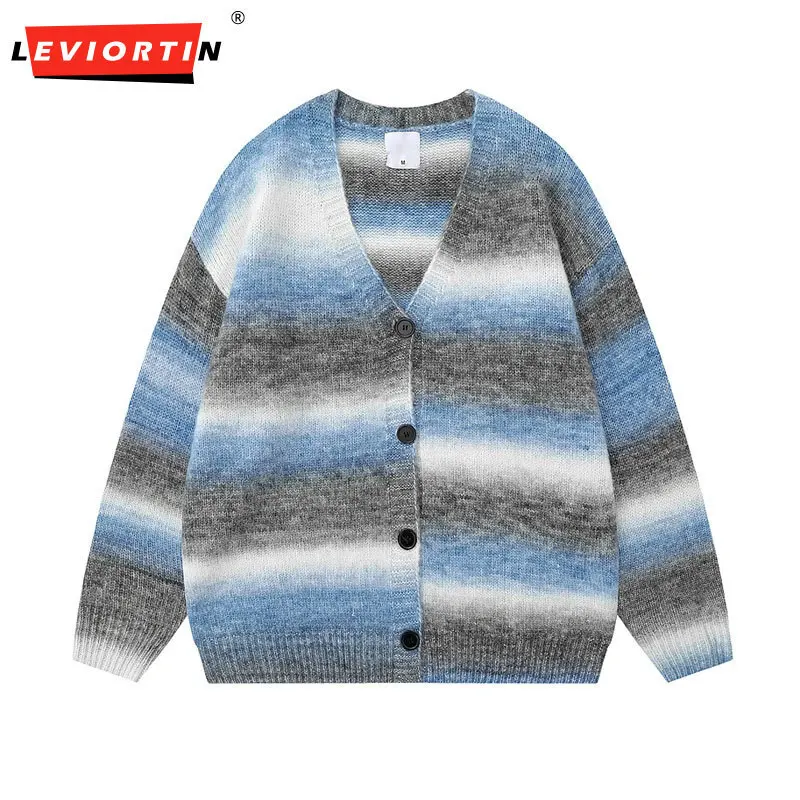 Winter Gradient Men's Cardigan V-neck Single Breasted Fashion Casual Loose Sweater Couple Street Hip-hop Clothing Oversized