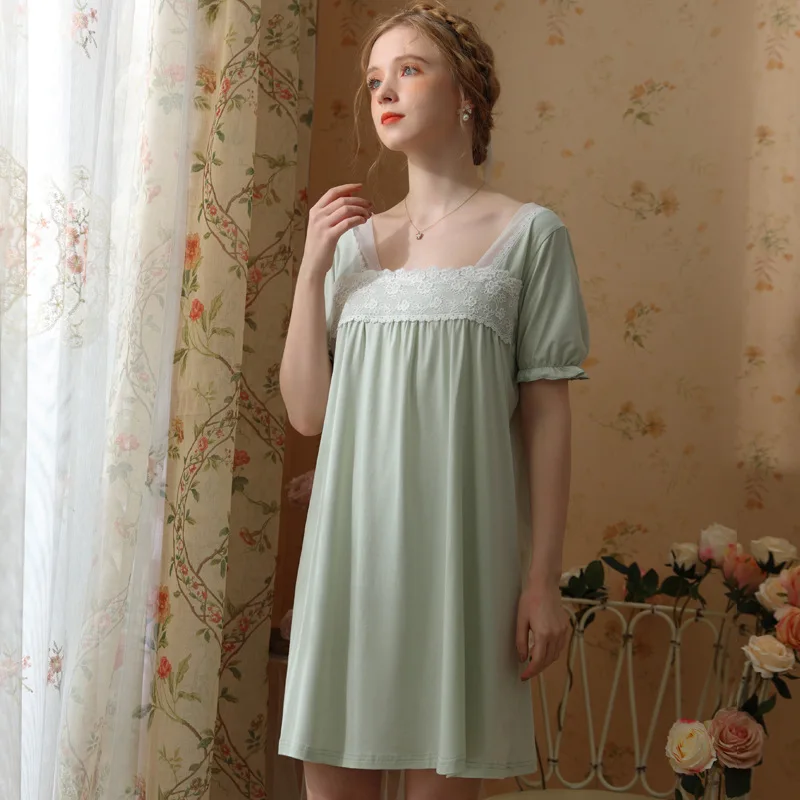 

Summer Women Nightgown Cotton Square Collar Short Sleeve Sleepwear Ladies Loose Casual Nightdress