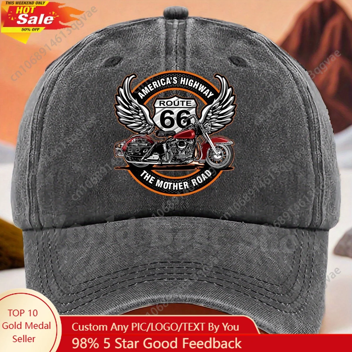 

[Ideal Gift] Motorcycle Route 66 Vintage Baseball Cap - Adjustable Snapback, Route 66 Motorcycle Rider & Mother Road Emblem, Lig