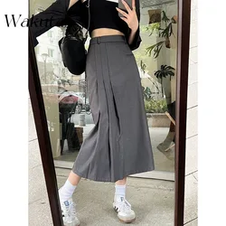 WAKUTA Ladies Blazer Skirts Pleated High Waist Solid Color Long Skirt Korean 2024 New Autumn Vintage A-line Females Faldas Mujer