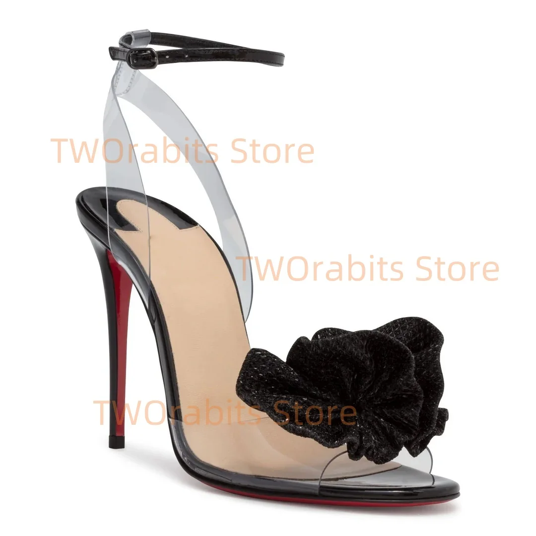 PVC Sandalias De Mujer Designer New in Women Shoes 3D Rose Sandals Thin Heel Mules Buckle Strap Sandales Plates Slingback