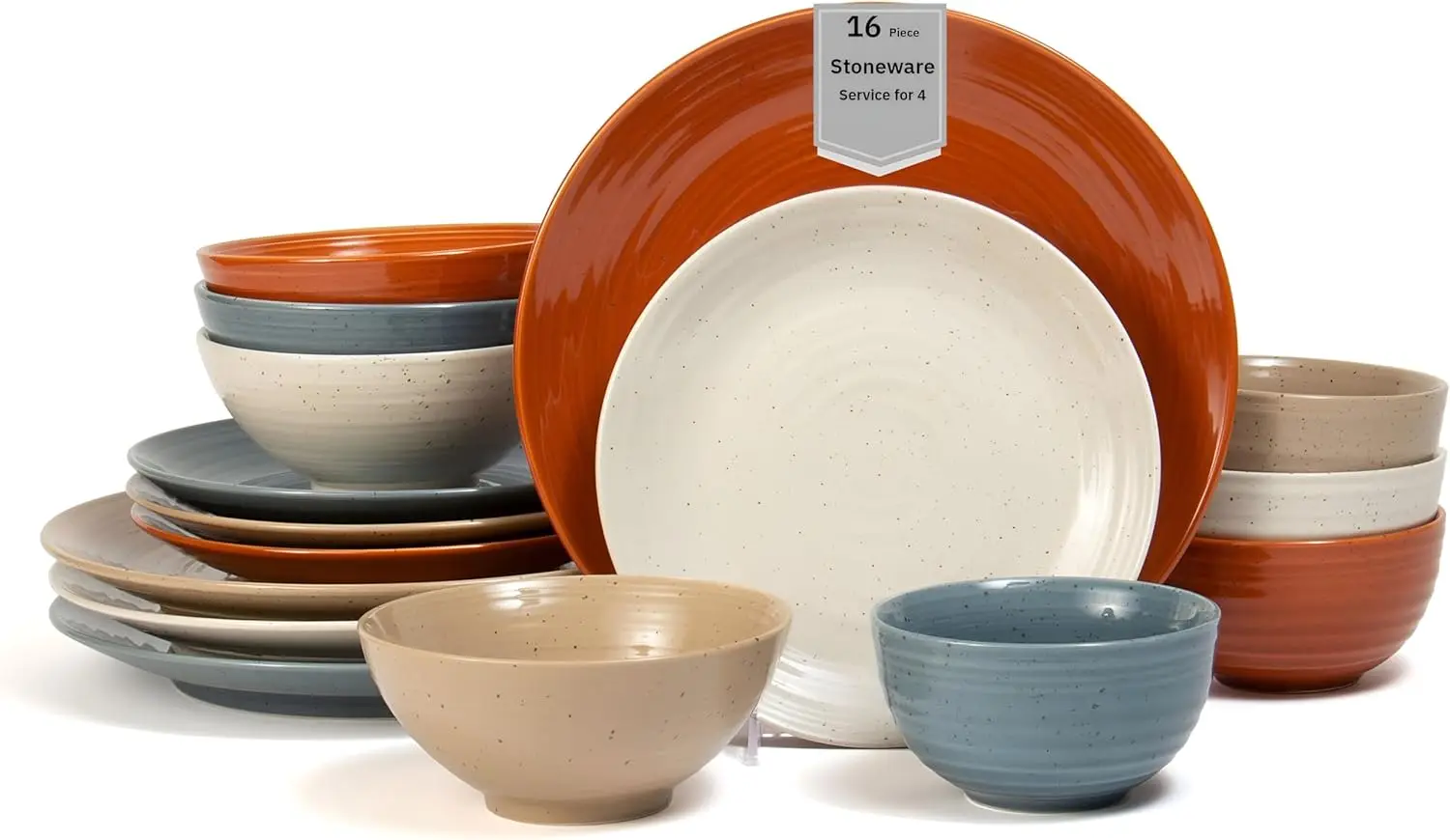 

16-Piece Stoneware Dinnerware Set for 4, Chip Resistant, Microwave & Dishwasher Safe, Rustic Ceramic Plates and Bowls