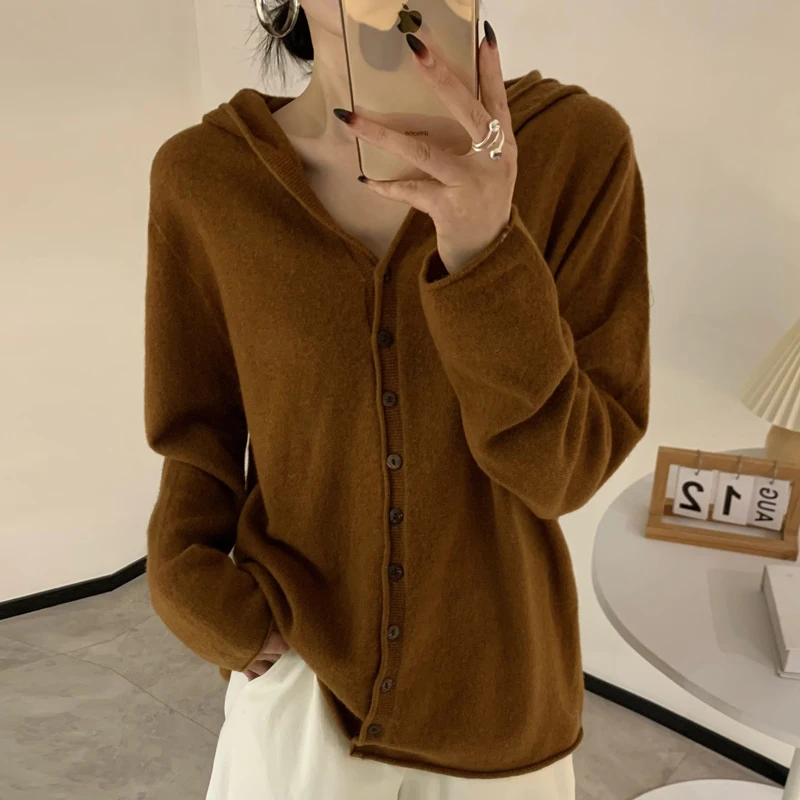 YSC2024 New Women\'s Classic Pure Wool One Line Hooded Cardigan Long Sleeve Soft Multi Color Casual Warm Fashion Knitted Sweater