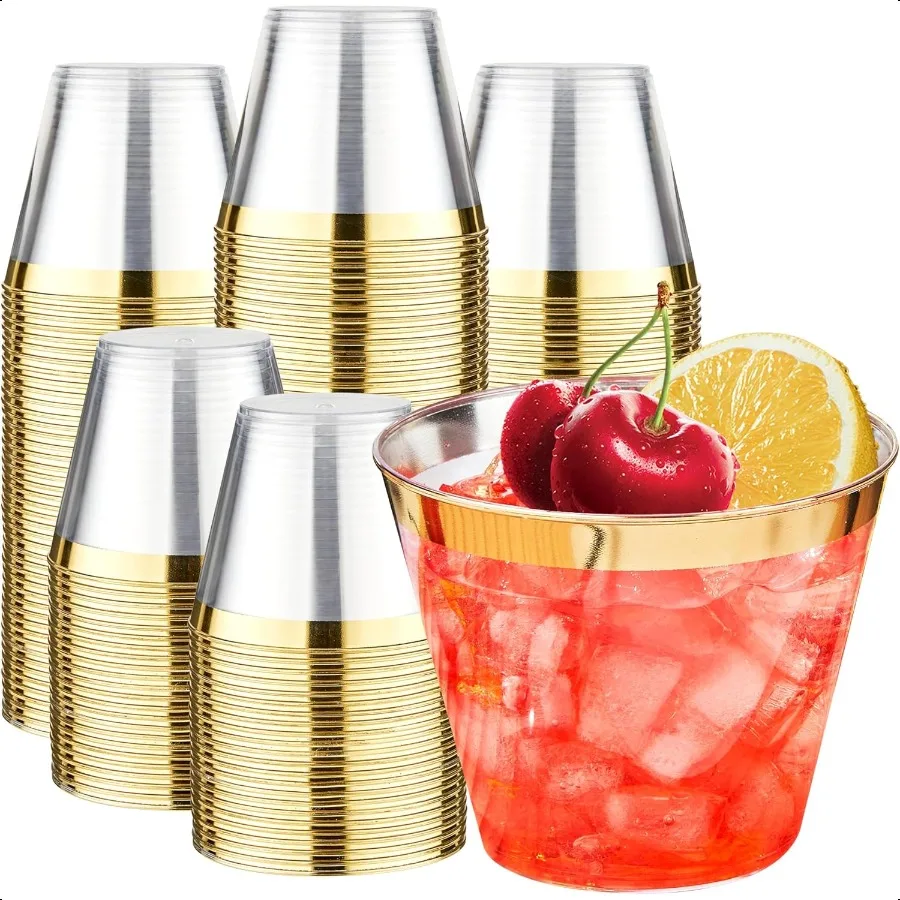 

9 oz Clear Plastic Cups with Gold Rim [200 Pack] Gold Rimmed Plastic Cups Tumblers Heavyduty Party Glasses Cups