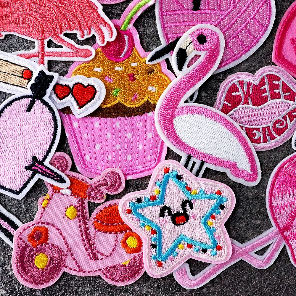 20pcs/Lot Pink Flamingo Girl Children Patches for Clothing Embroidery Applique Ironing Supplies Decorative Iron on Patch