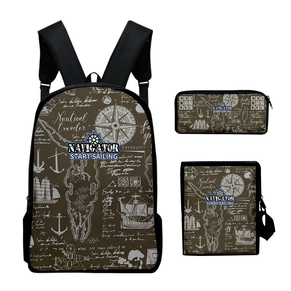 Harajuku Youthful Retro navigation 3D Print 3pcs/Set Student Travel bags Laptop Daypack Backpack Shoulder Bag Pencil Case