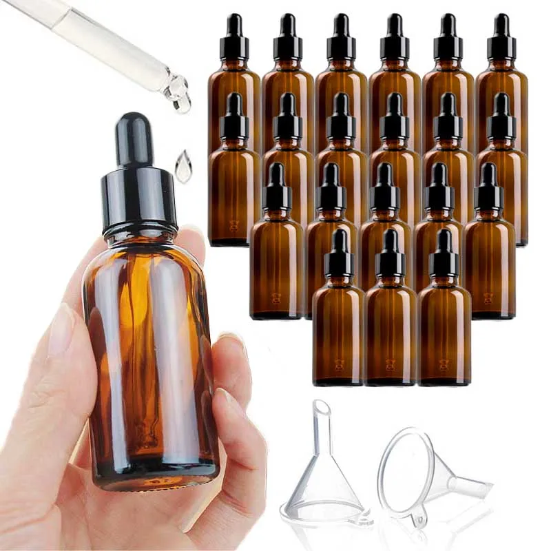 6/12/24/30pcs Empty Dropper Bottles 30ml Amber Glass Refillable Cosmetic Perfume Bottles With Pipette For Essential Oil Aromath