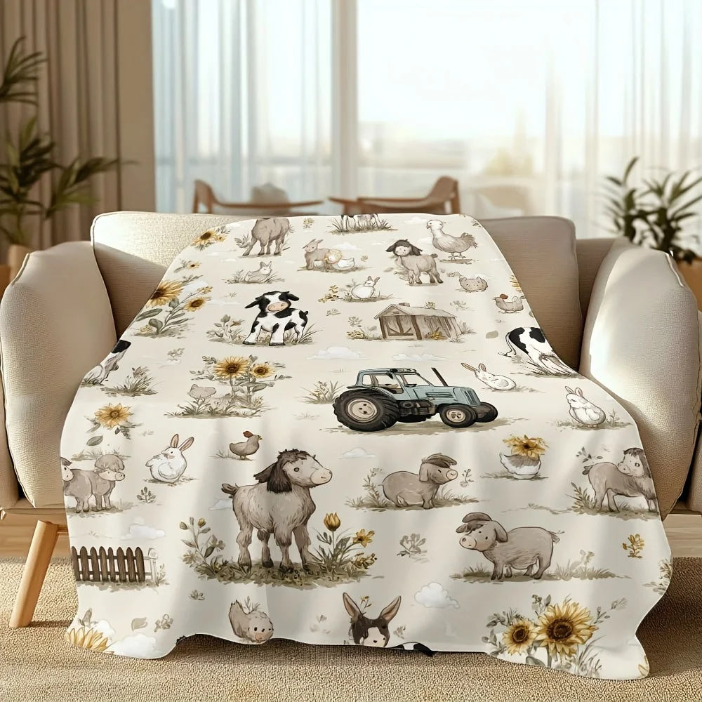 A Vintage Farm Adventure Flannel Blanket - Soft And Comfortable for All Seasons, Featuring Patterns of Cows, Chickens, Pigs, And